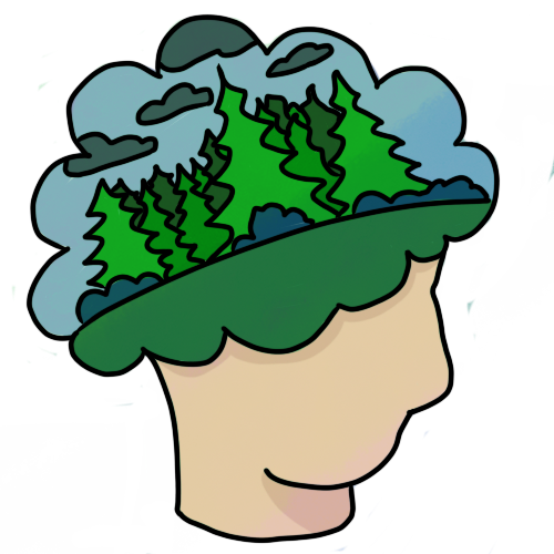 a pale head. the top half has a cloud shape over it. in the cloud shape is a group of pine trees on dark green grass, with a blue sky and dark grey clouds